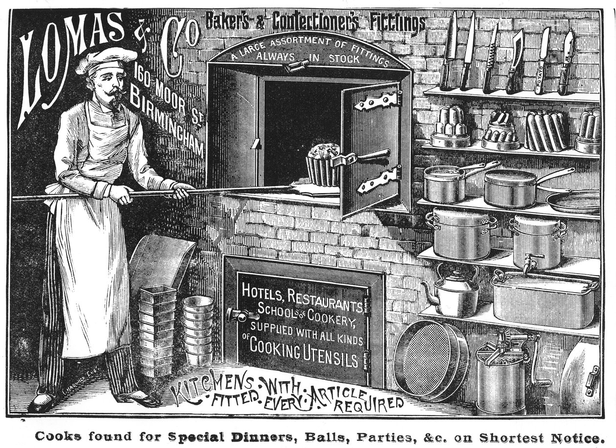 Advertentie voor Lomas en Co., leveranciers van keukenapparatuur door English School