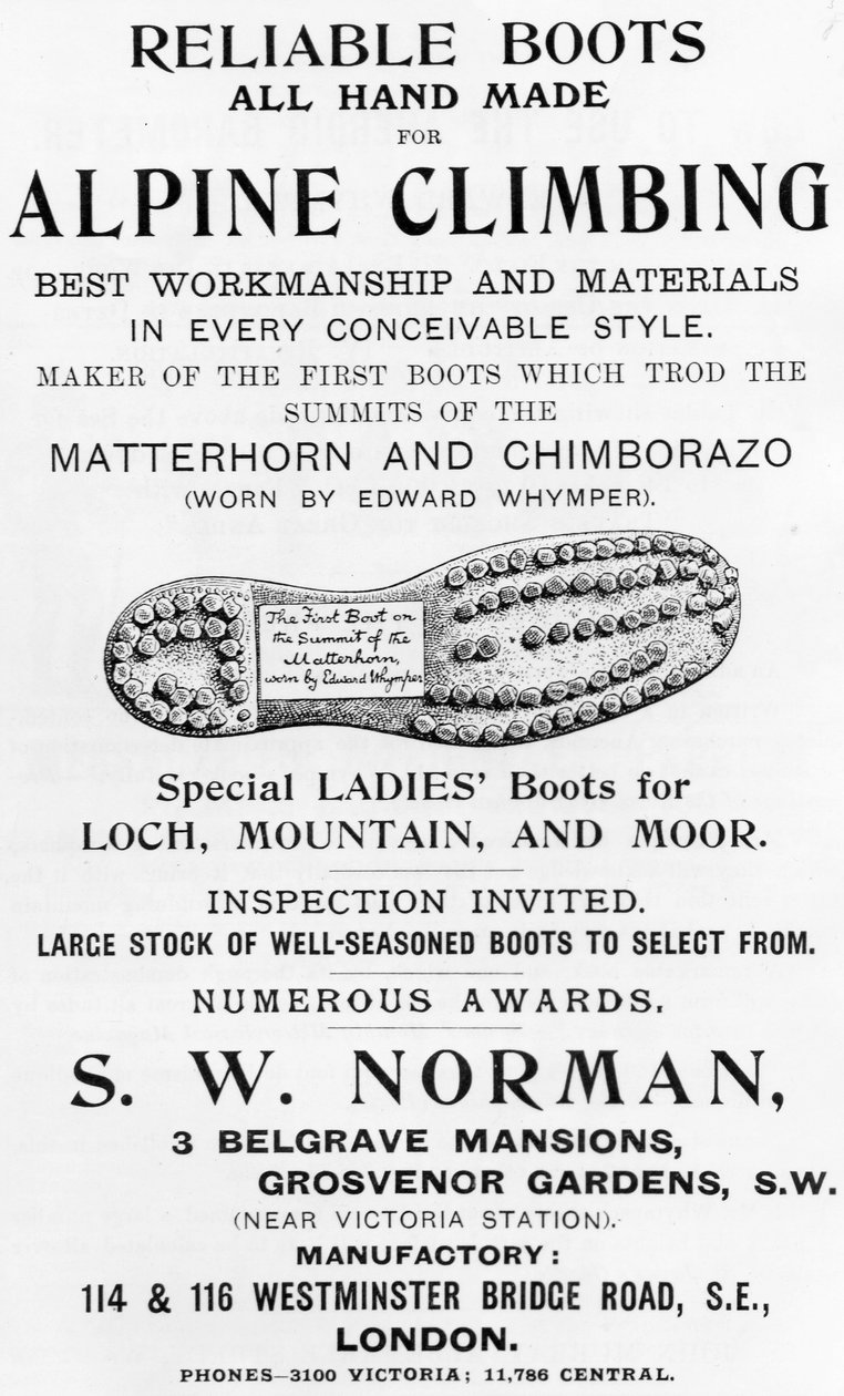 Advertentie voor S. W. Norman Alpine Klimlaarzen, illustratie uit 
