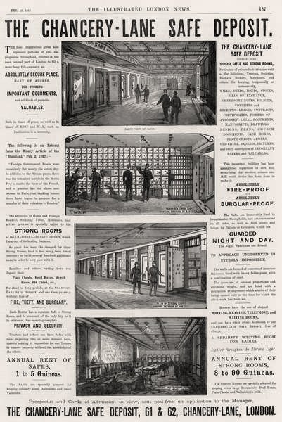 Advertentie voor The Chancery Lane Safe Deposit, uit The Illustrated London News, 12 februari 1887 door English School