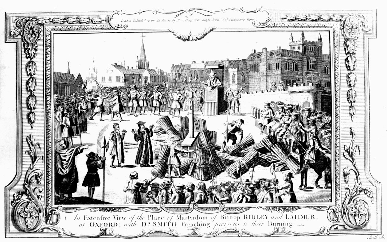 Een uitgebreid uitzicht op de plaats van martelaarschap van bisschop Ridley (c.1500-55) en Latimer (c.1485-1555) in Oxford met Dr. Smith die preekt voorafgaand aan hun verbranding door English School
