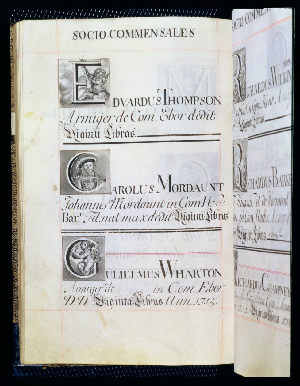 Pagina met drie weldoeners van New College, Oxford; Edvardus Thompson, Carolus Mordaunt en Gulielmus Wharton, uit een Benefaction Book, 16812-84 door English School