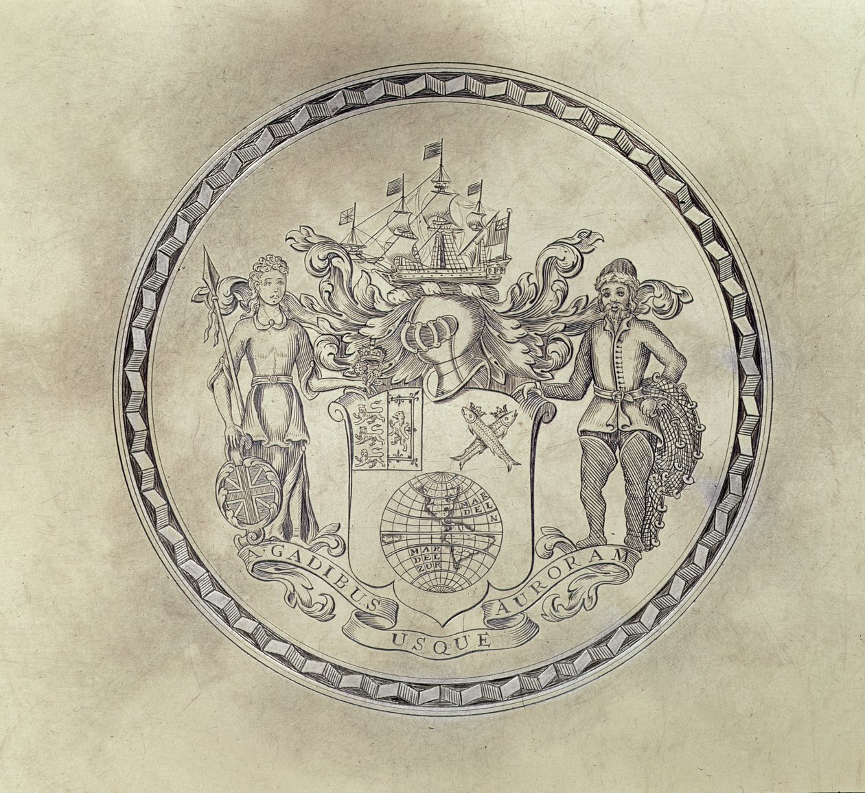 Wapenschilden van de South Sea Company, gegraveerd op een presenteerschaal, 1714 door English School