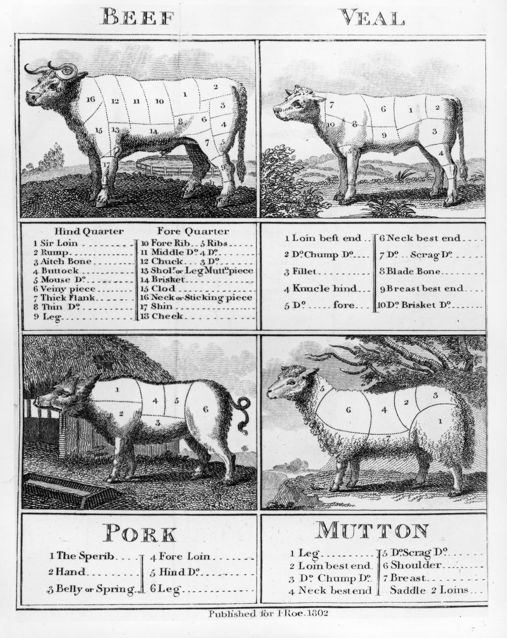 Rund-, kalfs-, varkens- en schapenvlees, 1802 door English School