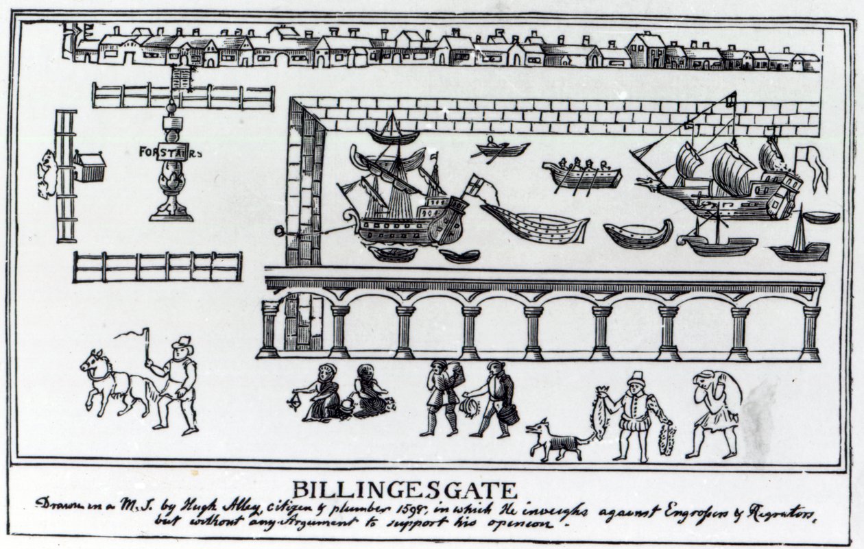 Billingsgate Markt, Londen, naar een originele tekening uit c.1598 door English School