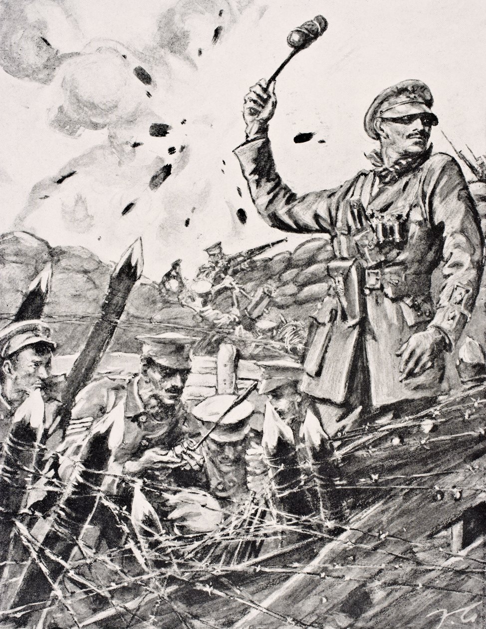 Britse officier gooit granaten vanuit loopgraaf naar aanvallende Duitsers, uit 