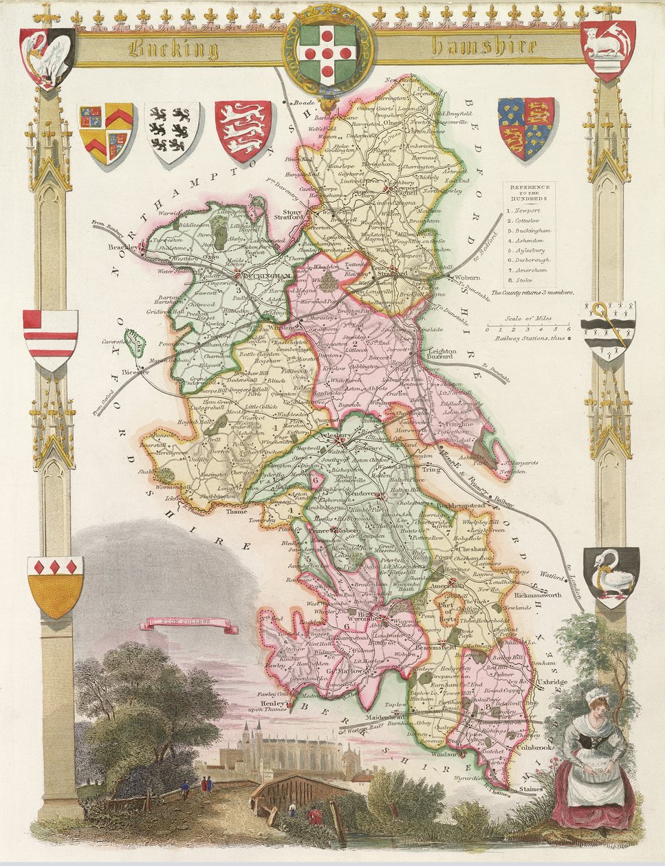Buckinghamshire met illustraties van de Eton College Chapel (handgekleurde gravure) door English School