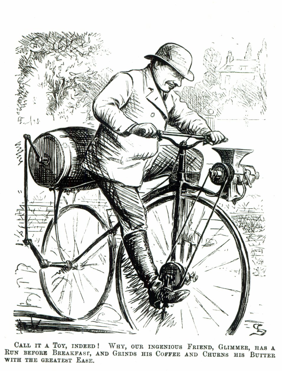 Spotprent over de vroege dagen van de fiets door English School
