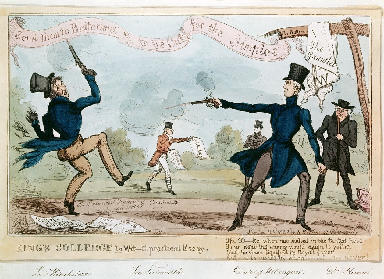 Cartoon van de hertog van Wellington duelleren door English School