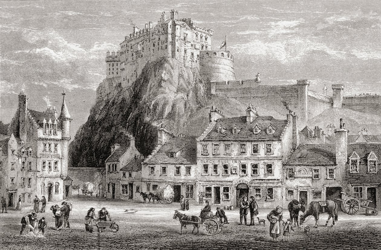 Kasteel en Grassmarket, Edinburgh, Schotland, uit 