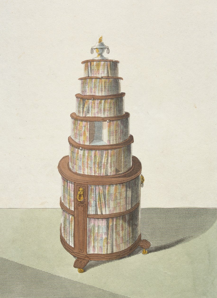Ronde verplaatsbare boekenkast, plaat 13 uit Ackermanns Repository of Arts, Literature, Commerce, Manufactures, Fashion and Politics, gepubliceerd in 1810 door English School