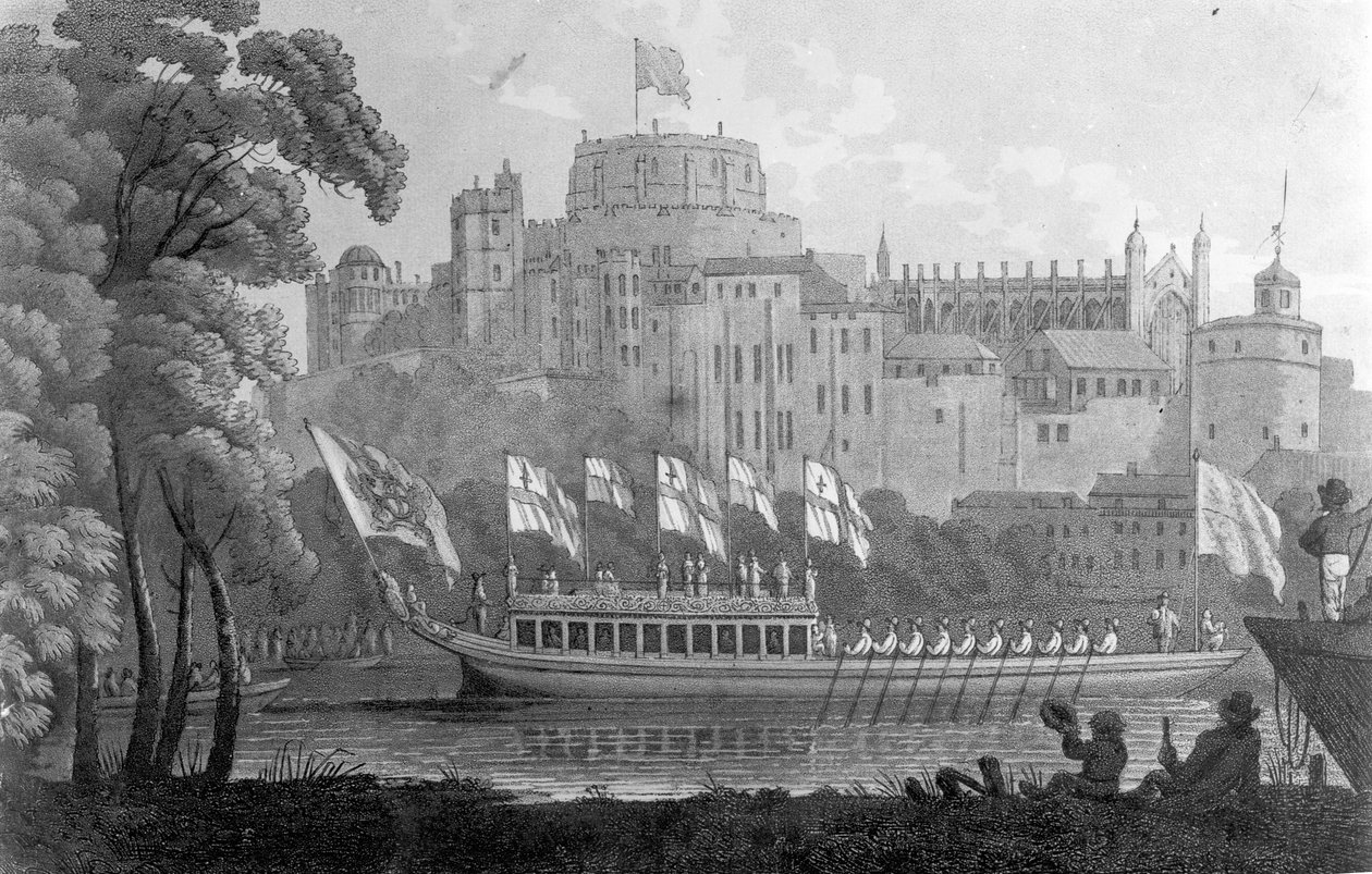 Staatsbark van de stad Londen beweegt zich over de rivier de Theems, voor Windsor Castle, op weg naar Oxford, naar een aquarel van 1812 door English School