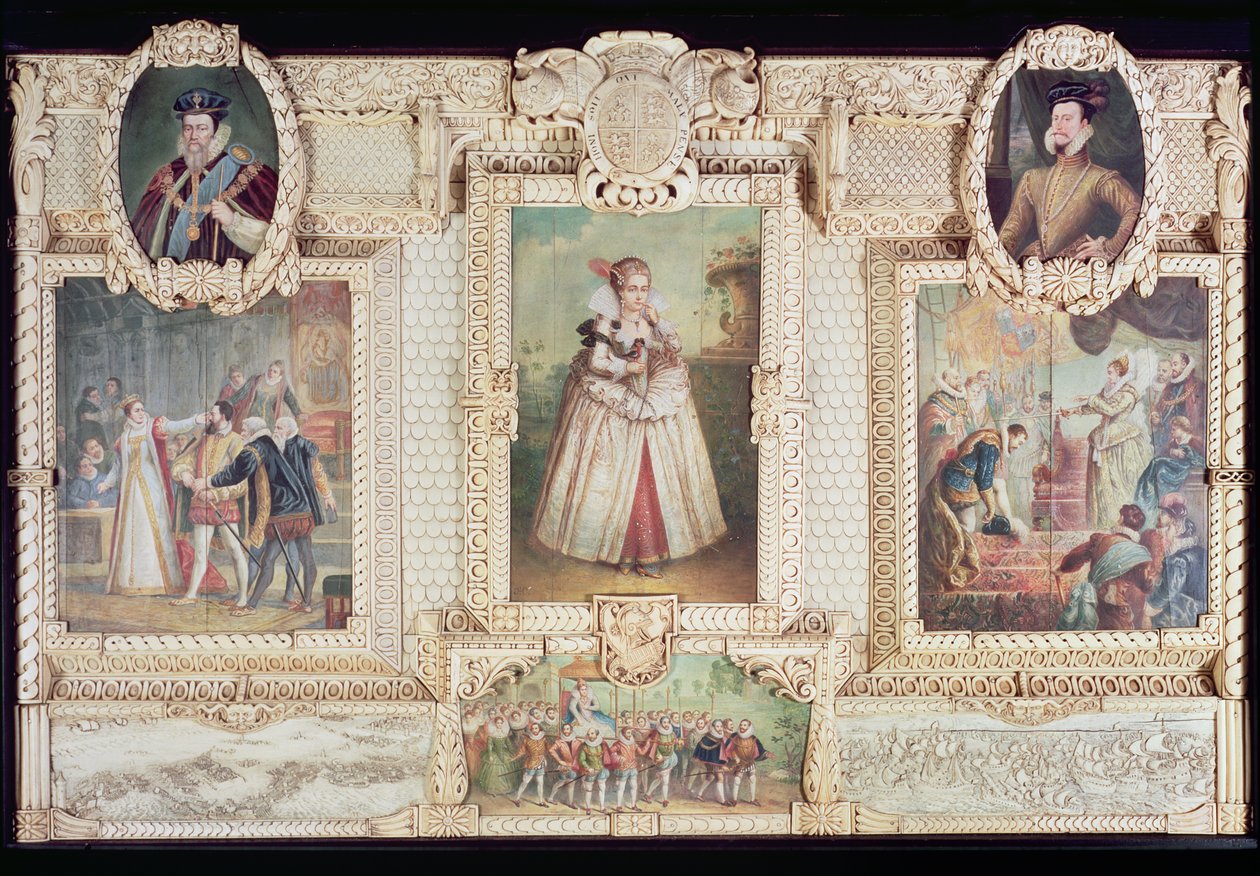 Collectie van zes miniaturen die Koningin Elizabeth I, figuren en scènes uit haar leven afbeelden door English School