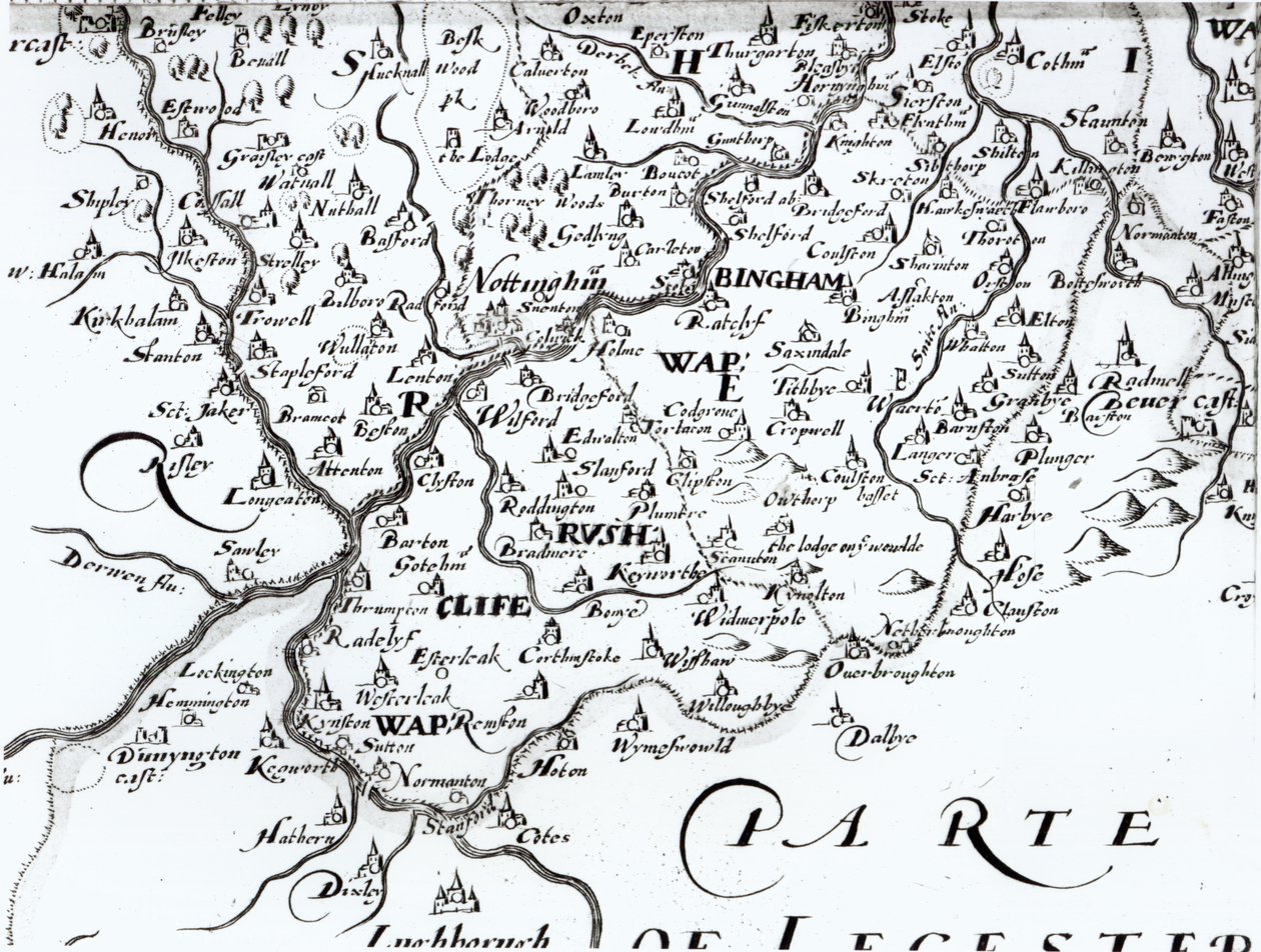 Detail van een kaart van het graafschap Nottinghamshire met de stad Nottingham, 1642 door English School