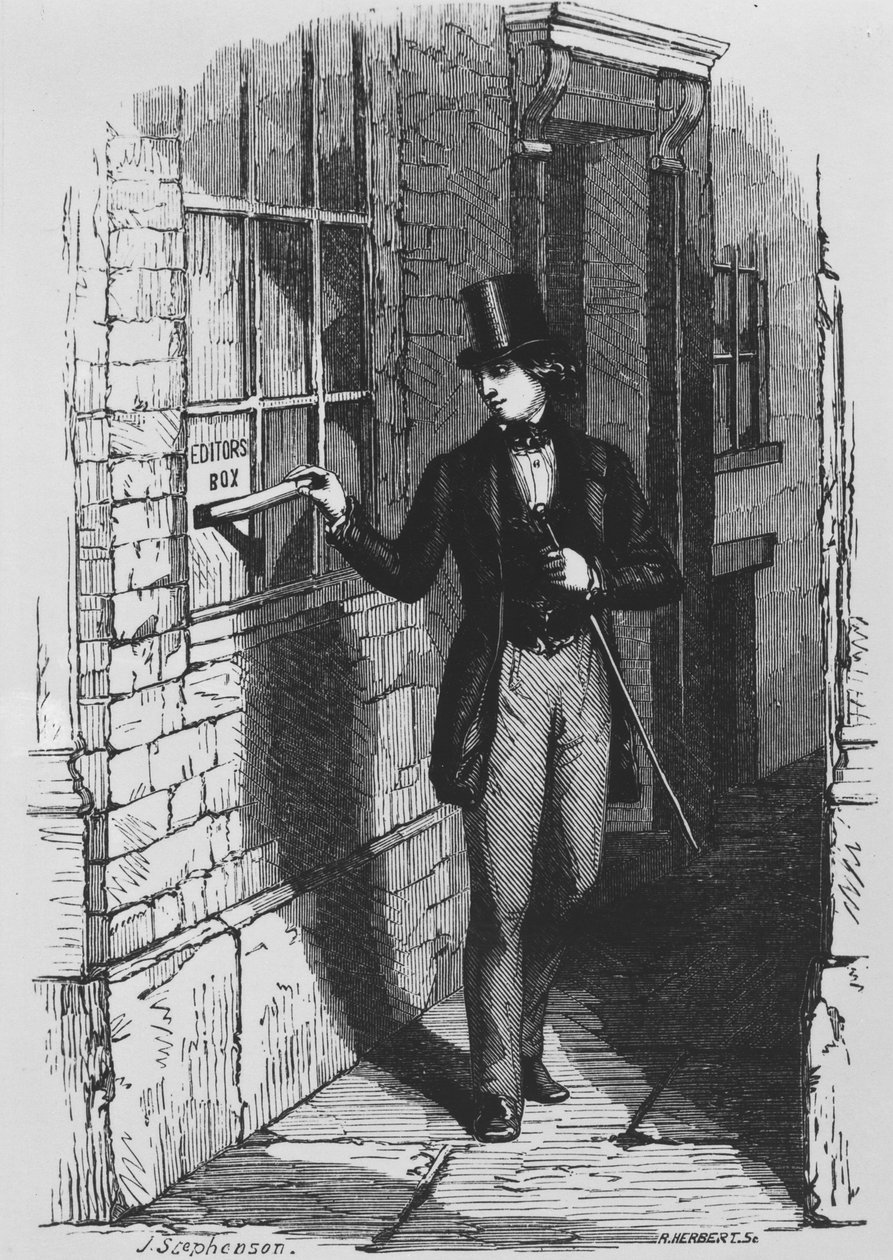Dickens plaatst zijn eerste literaire bijdrage in de redactiedoos door English School