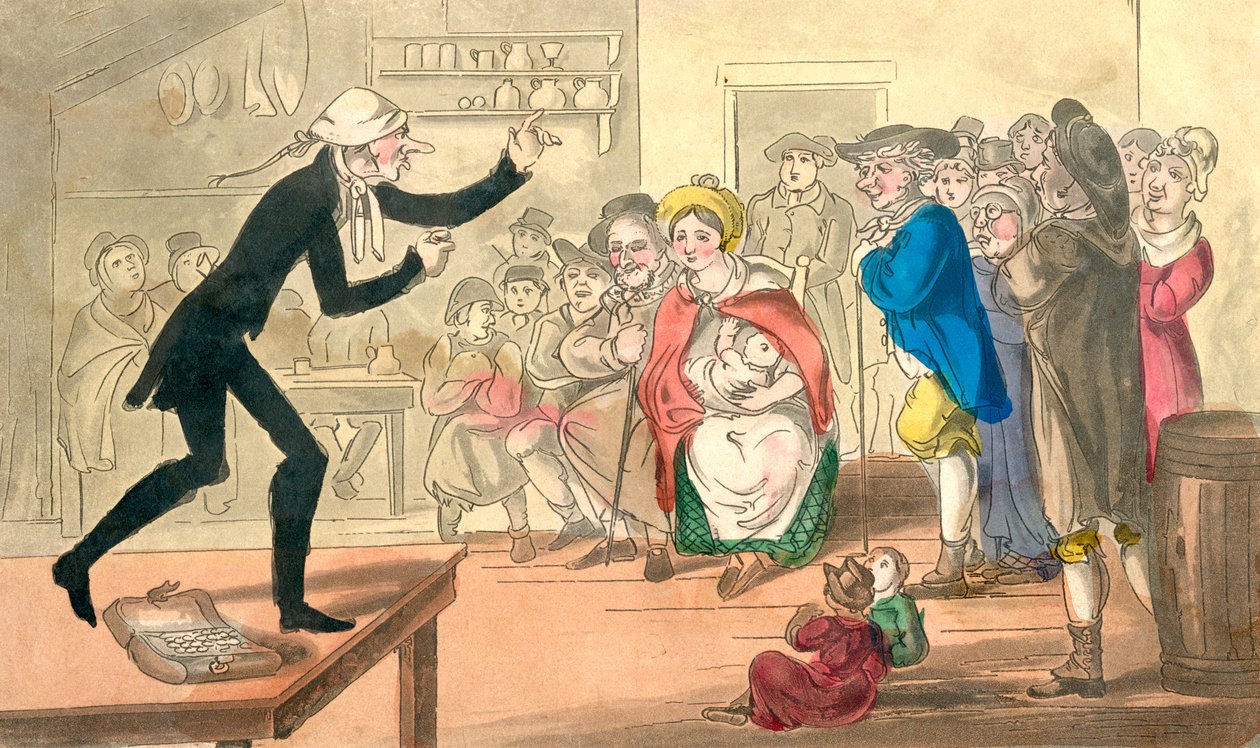 Dr. Comicus verkoopt zijn pillen, uit De Avonturen van Dr. Comicus of De Streken van Fortuin, gepubliceerd ca. 1815 door English School