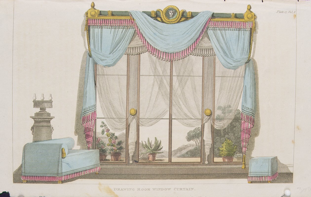 Salon raamgordijn, plaat 43 uit Ackermanns Repository of Arts, gepubliceerd 1812 door English School