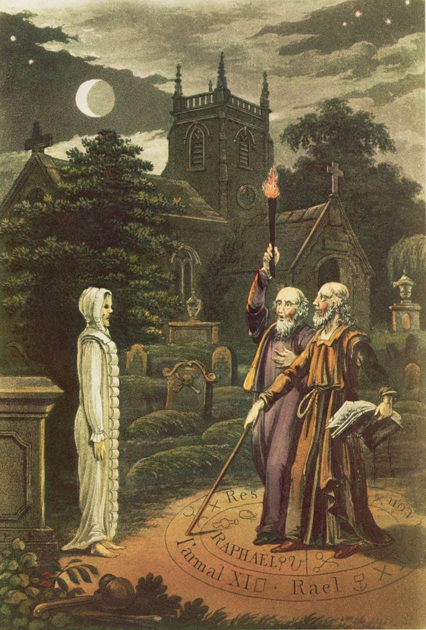 Edward Kelly (geb. 1555) een magiër, en zijn partner de wiskundige en astroloog, John Dee (1527-1608) die een geest oproepen (handgekleurde gravure) door English School