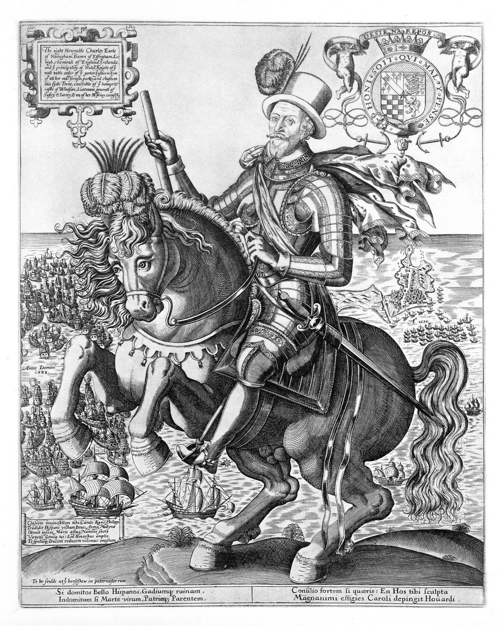Ruiterportret van Charles Howard (1536-1624) 2e baron Howard van Effingham, 1e graaf van Nottingham, gegraveerd door Thomas Cockson (fl.1591-1636) ca.1597-1603 door English School