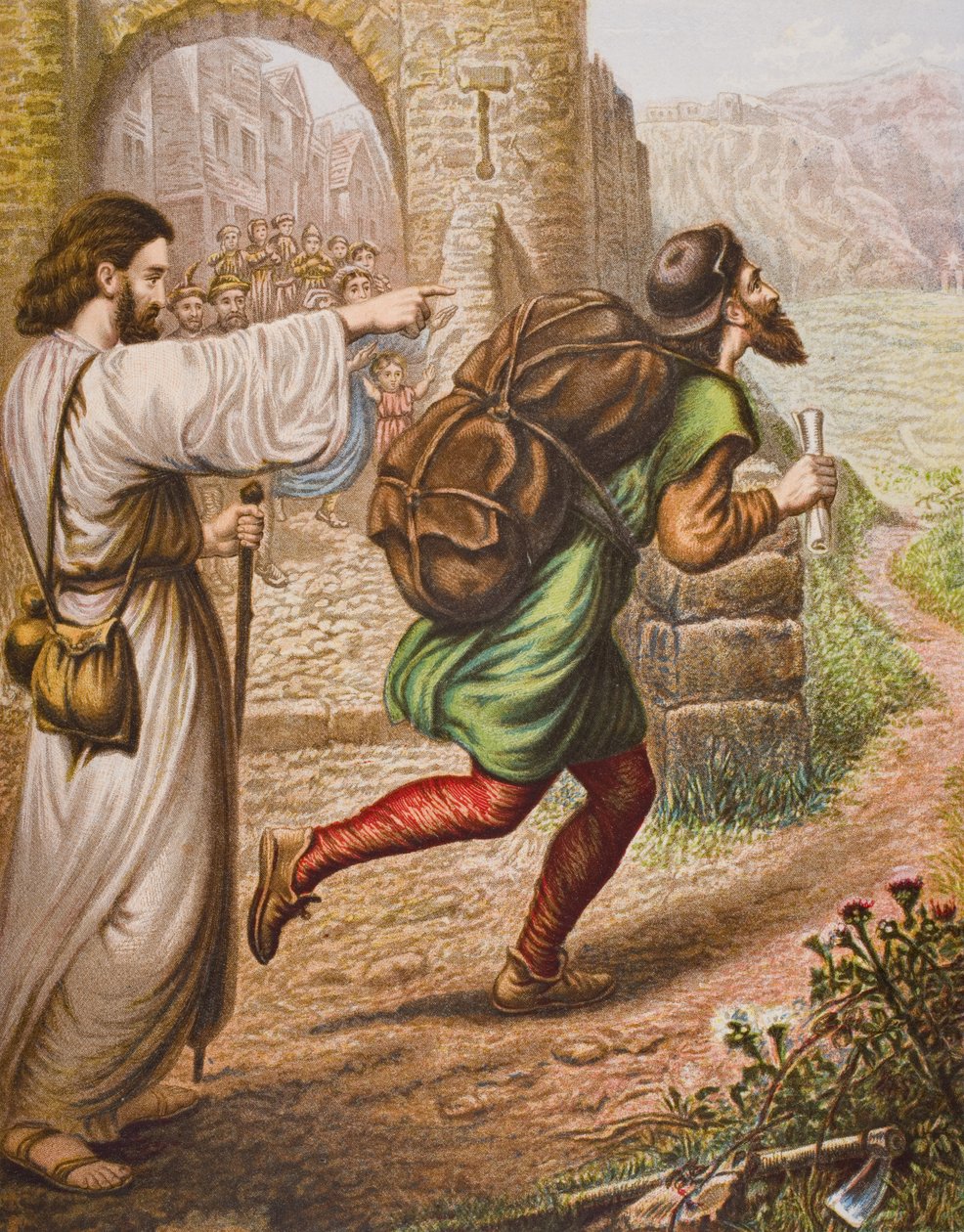 Evangelist wijst Christian de weg, illustratie uit 