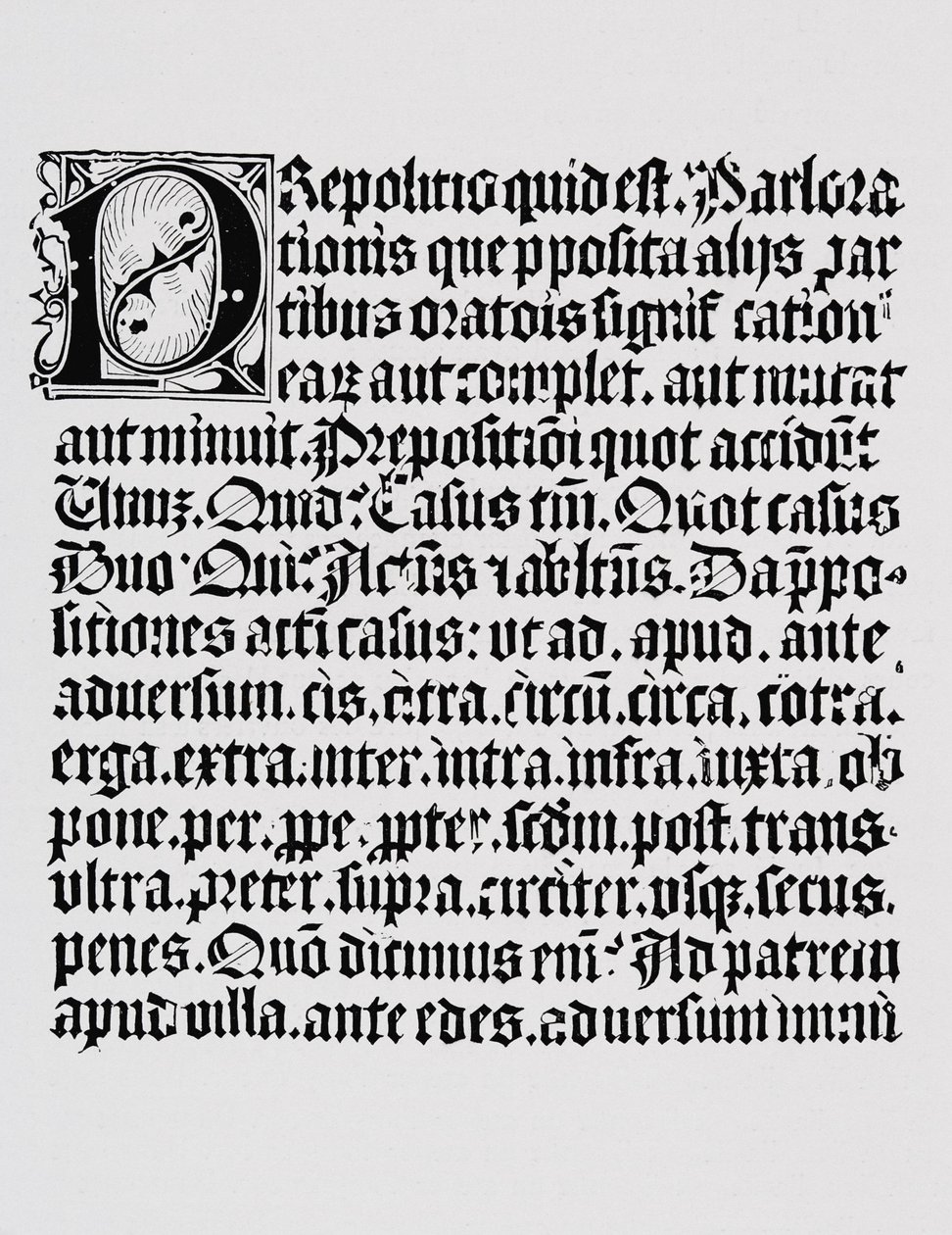 Facsimile van een pagina xylografie of houtsnede over het voorzetsel, uit een grammatica boek gedrukt door Johann Fust en Johannes Gutenberg, Mainz, ca. 1450 door English School