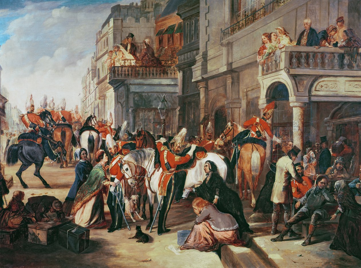 Fourth Dragoon Guards vertrekken naar de Krimoorlog, ca. 1854 door English School