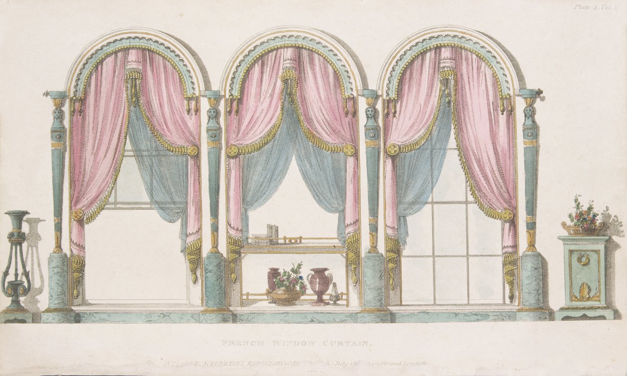 Frans raamgordijn, plaat 55 uit Ackermanns Repository of Arts, gepubliceerd 1809-28 door English School