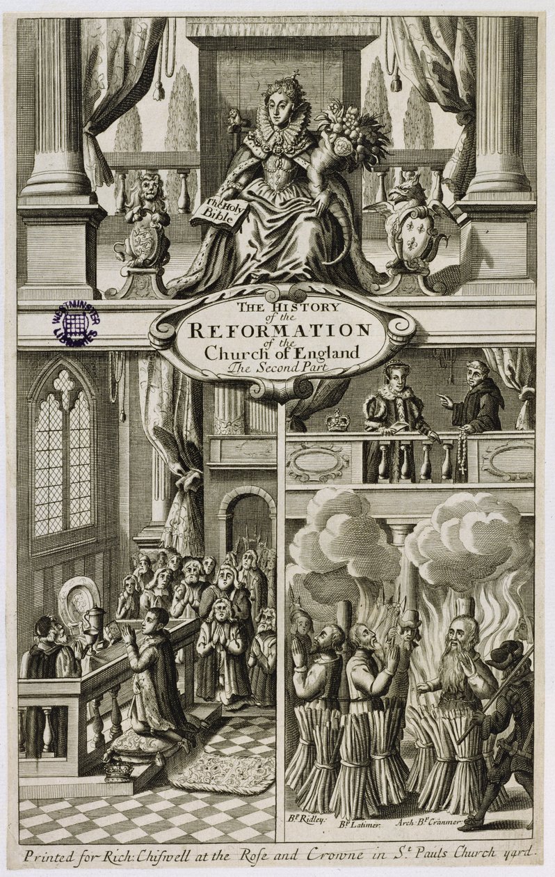 Frontispice van The History of the Reformation of the Church of England: The Second Part door Gilbert Burnet, uitgegeven door Richard Chiswell, 1681 door English School