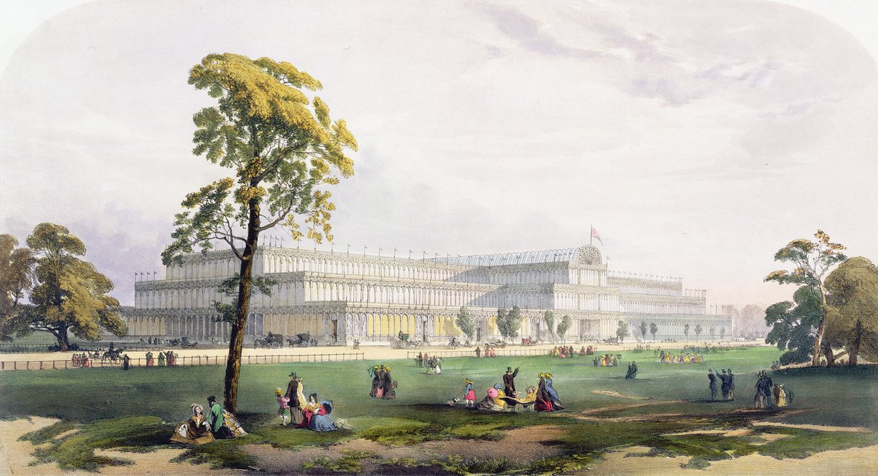 Algemeen zicht op de buitenkant van het gebouw, in de Grote Tentoonstelling van 1851, uit Dickinsons Comprehensive Pictures door English School
