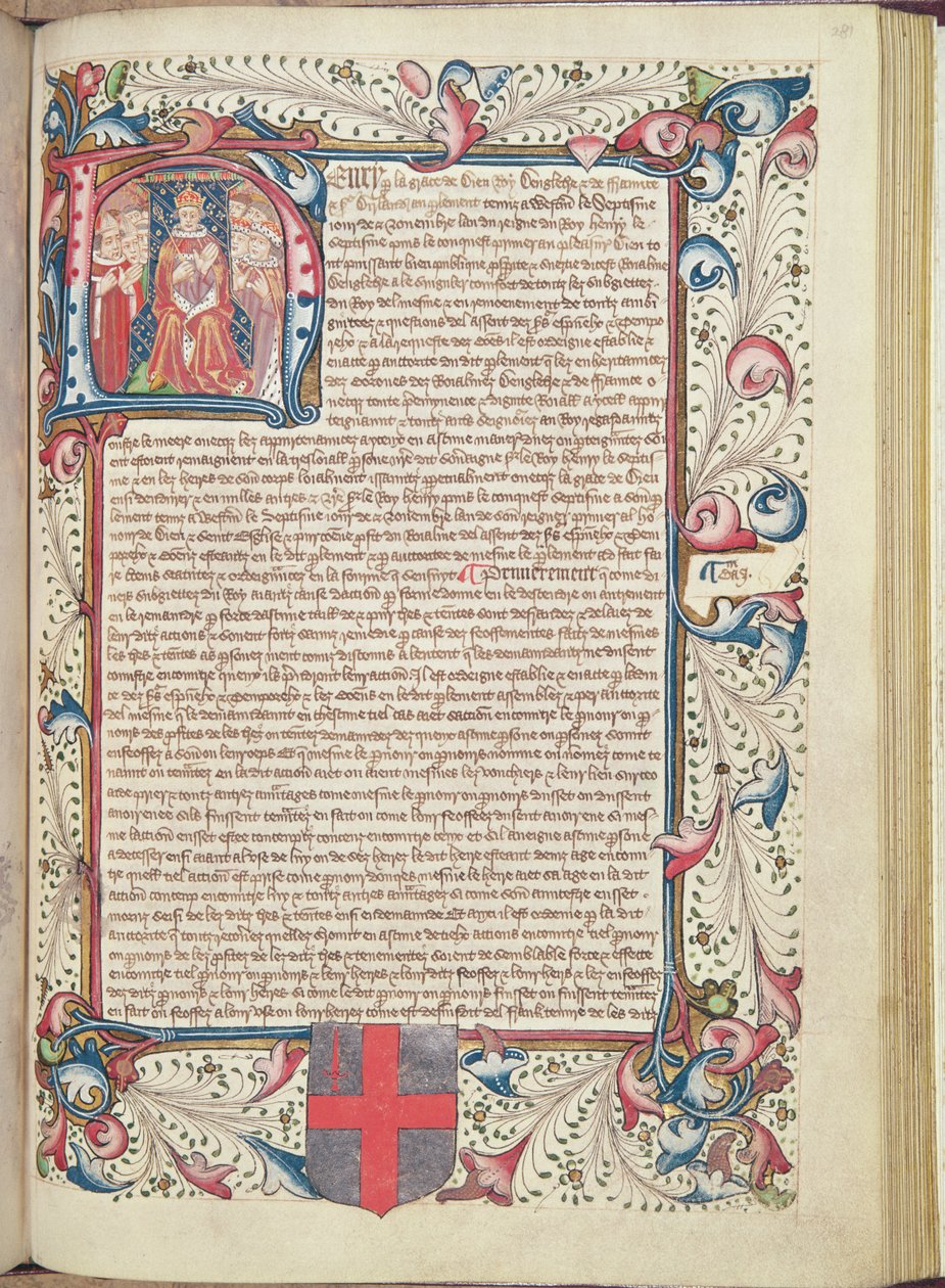 Hendrik VII (1457-1509) afgebeeld binnen de initiaal H, Titelpagina van Cartae Antiquae, laat 15e eeuw door English School