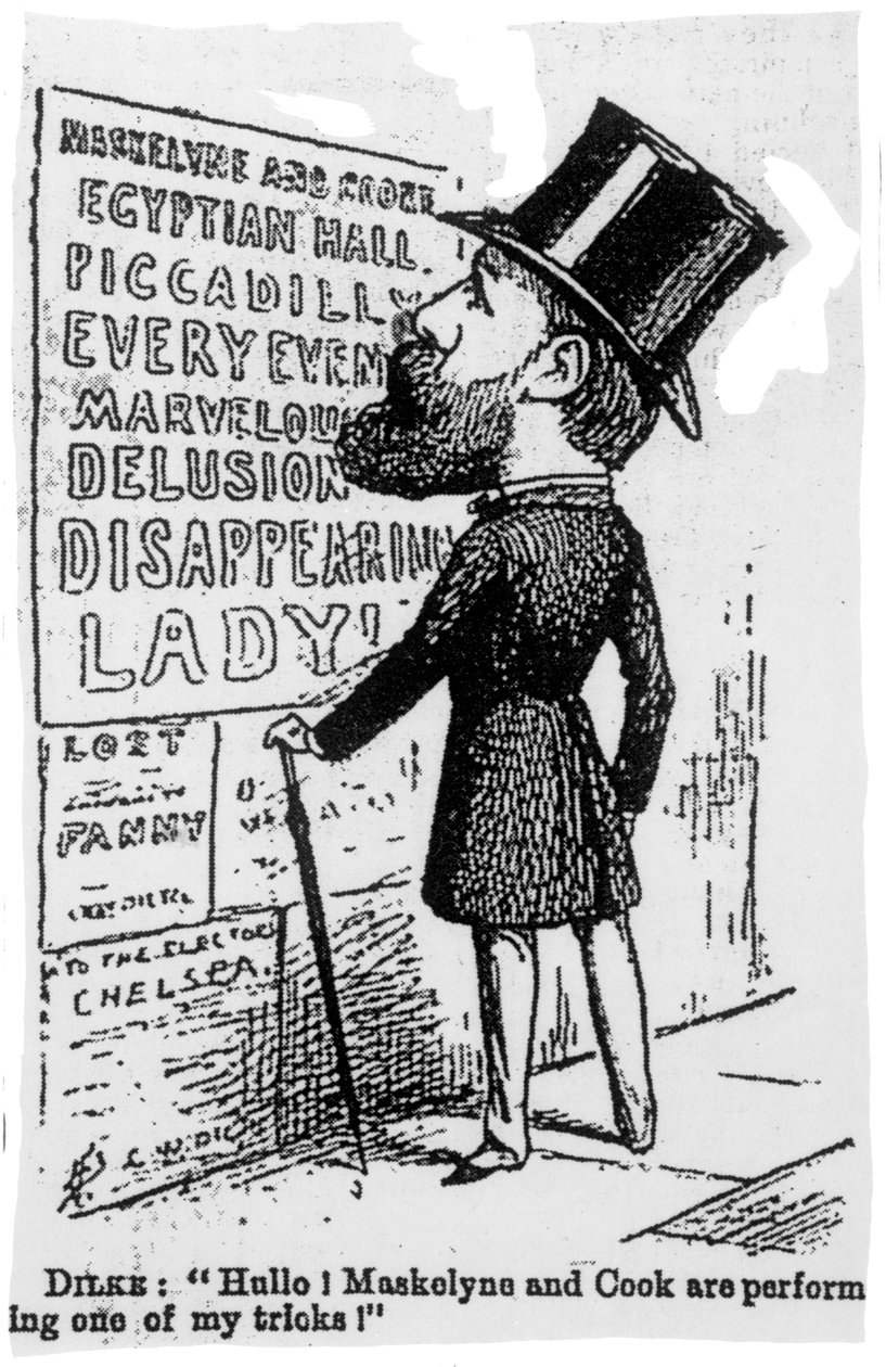 Hullo! Maskelyne en Cook voeren een van mijn trucs uit!, satirische cartoon van Sir Charles Dilke, c.1886 door English School