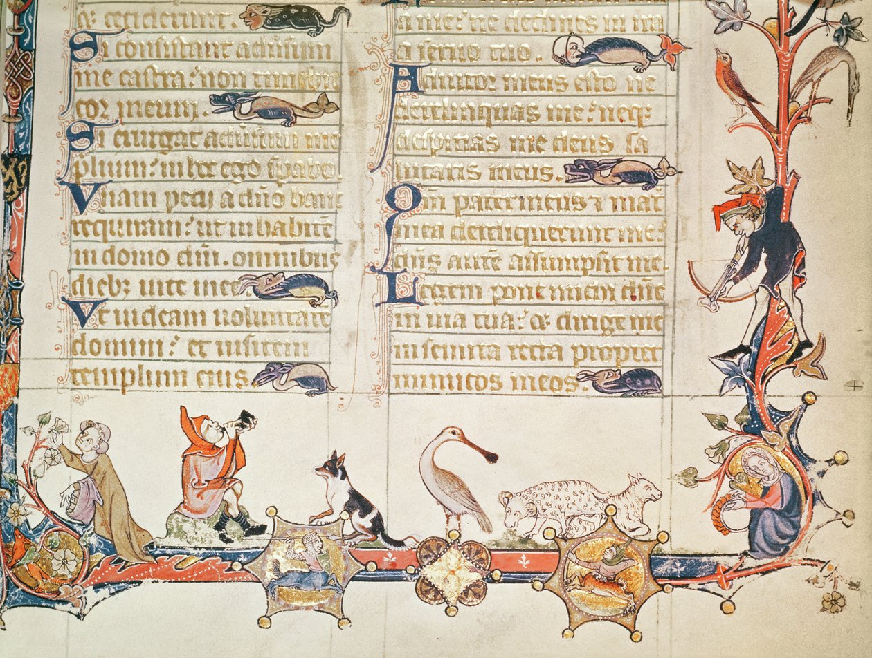 Illustratie uit een psalter, met verschillende figuren, een lepelaar, schapen, centauren en Reinaert de Vos door English School