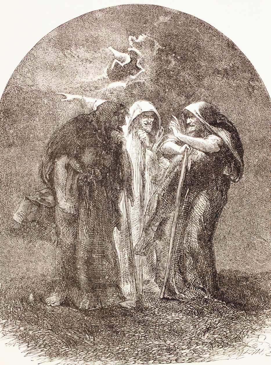 Illustratie van de heksen uit Macbeth, uit 