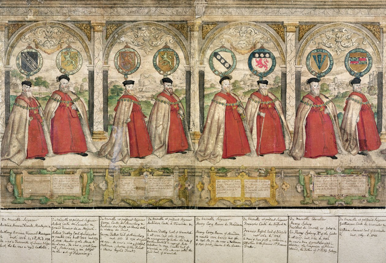 Imaginair samengestelde processie van de Ridders van de Kousenband in Windsor, gegraveerd door Marcus Gheeraerts de Oudere, 1576 door English School