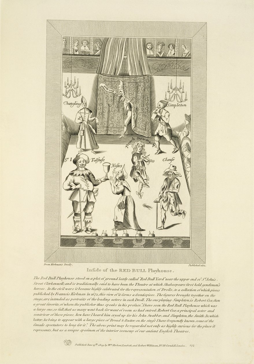 Binnenkant van het Red Bull Playhouse, frontispice van een verzameling drollen door Francis Kirkman, voor het eerst gepubliceerd in 1672, uitgegeven door William Herbert en Robert Wilkinson, 1809 door English School