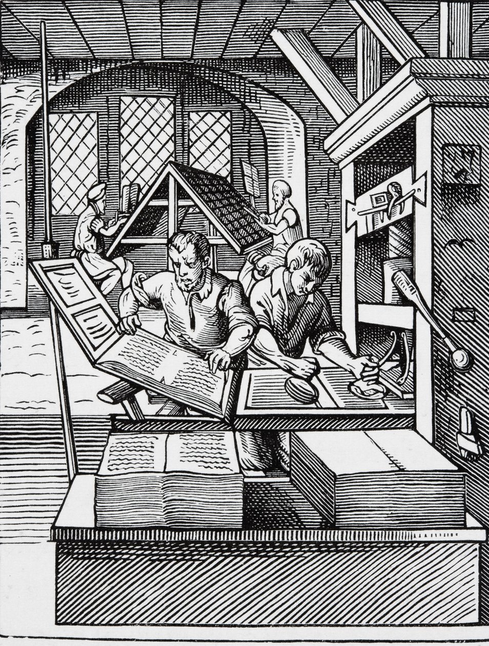 Interieur van een 16e-eeuwse drukkerij, naar een gravure van Jost Amman (1539-91) door English School