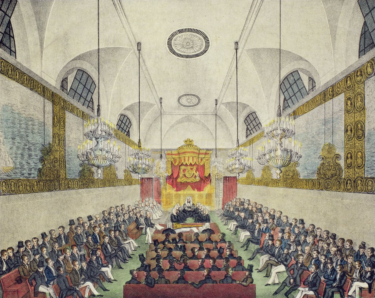 Interieur van het House of Lords, in Palace of Westminster, gedrukt en uitgegeven door Charles Ingrey, ca. 1830 door English School