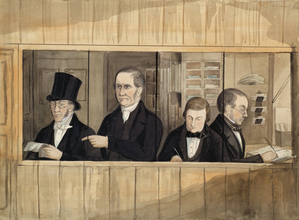 Interieur van het kantoor van Messrs. Charles Greenwood and Company, c.1840 door English School