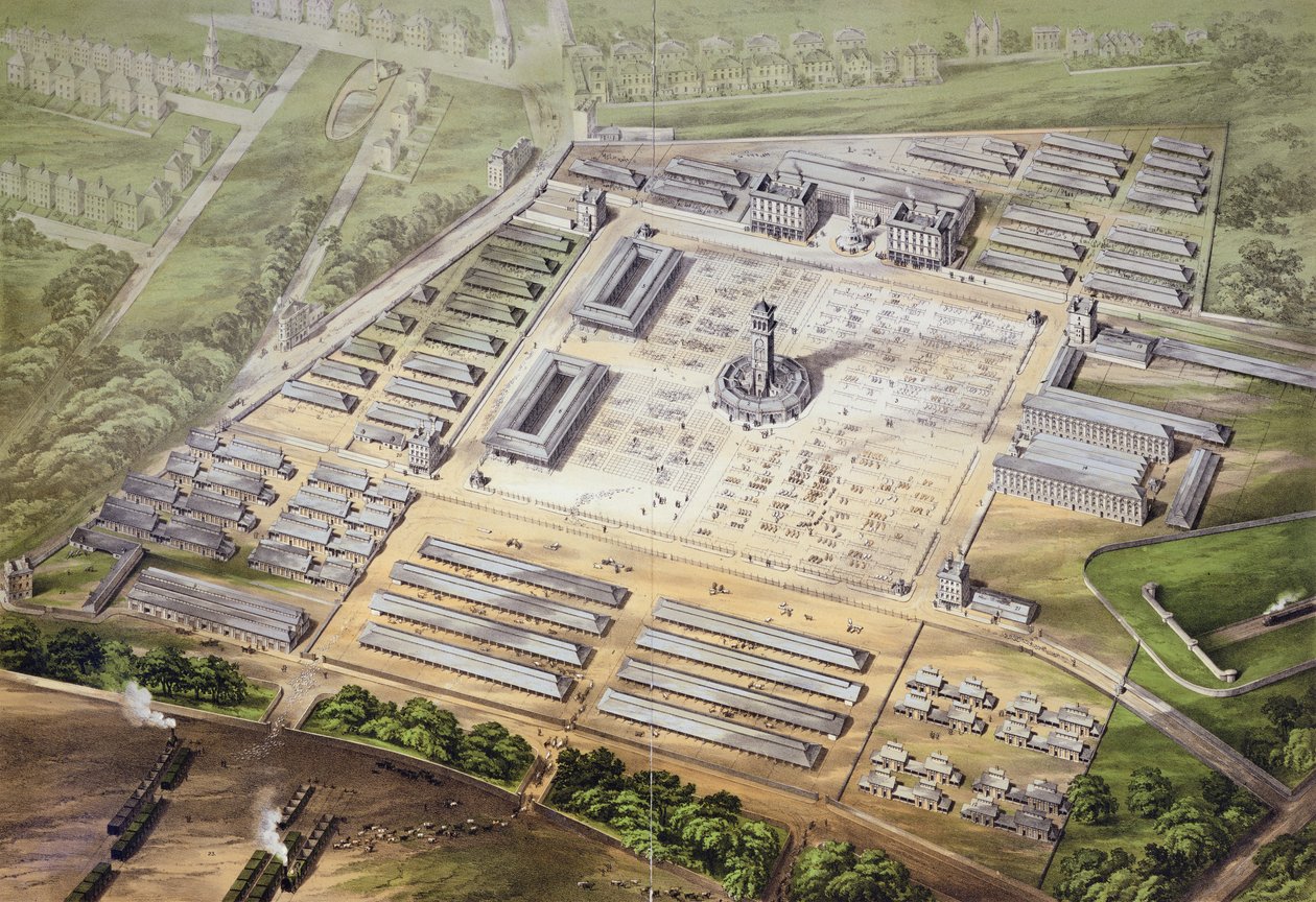 Isometrisch zicht op de nieuwe Metropolitan Cattle Market, 1855 door English School