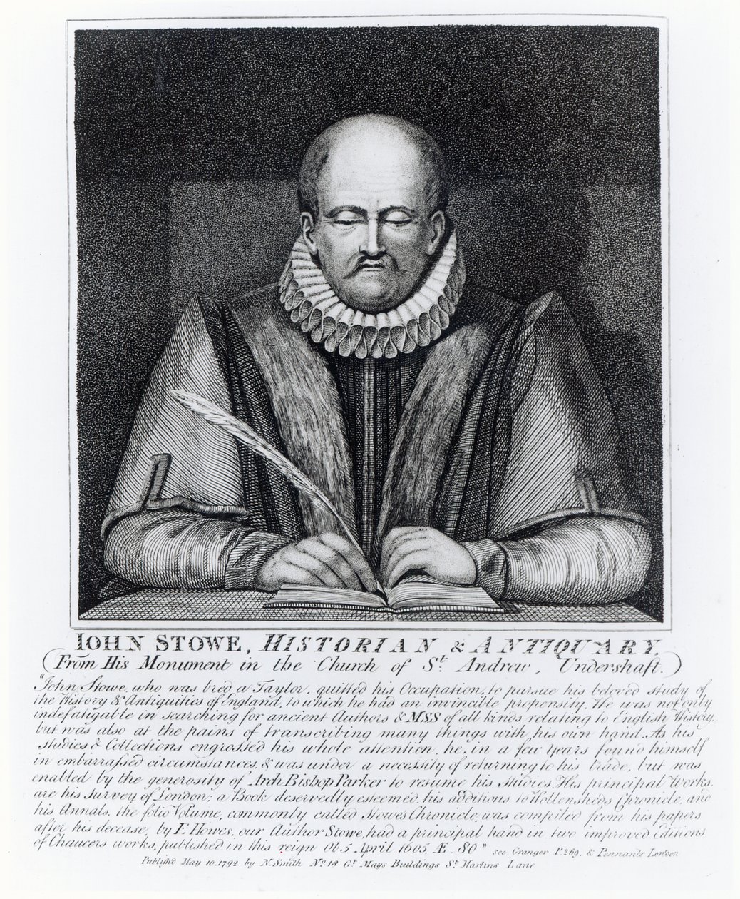John Stowe, portret van zijn monument in de Kerk van St. Andrew, Undershaft, 1792 door English School
