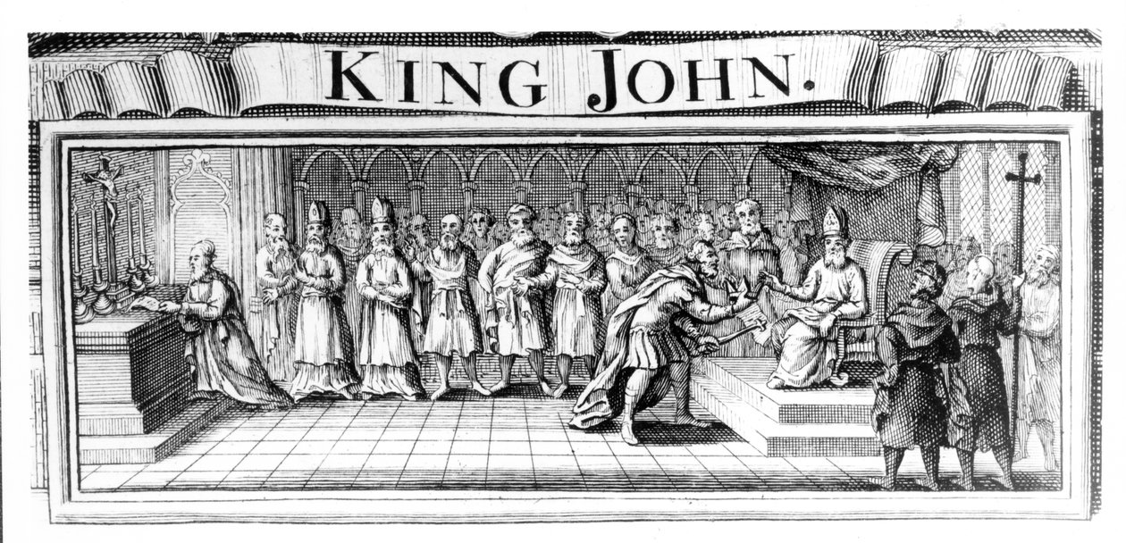 Koning Jan geeft zijn kroon over aan Pandulph Masca, pauselijk legaat, in Dover in mei 1213 door English School