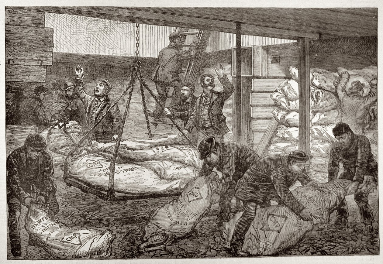 Lossen van Australisch bevroren vlees uit Sydney in de South West India Dock, Millwall, uit 