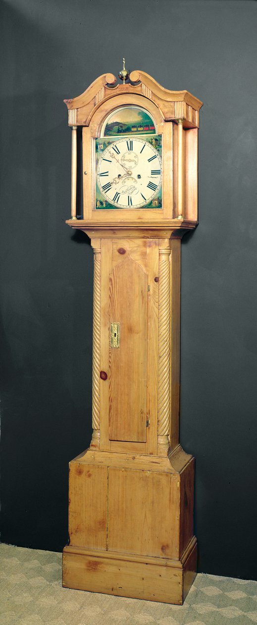 Staande klok, met emaille schilderij van een trein op de wijzerplaat, ca. 1850 door English School
