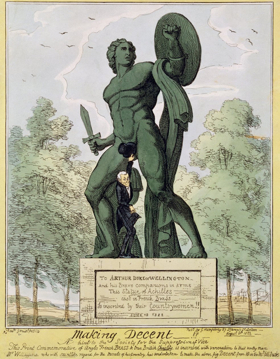 Fatsoenlijk maken, cartoon met William Wilberforce die het standbeeld van Achilles bedekt bij Hyde Park Corner door English School