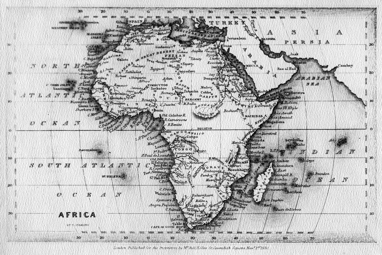 Kaart van Afrika, gegraveerd door Thomas Stirling, gepubliceerd door Edward Bull, 1830 door English School