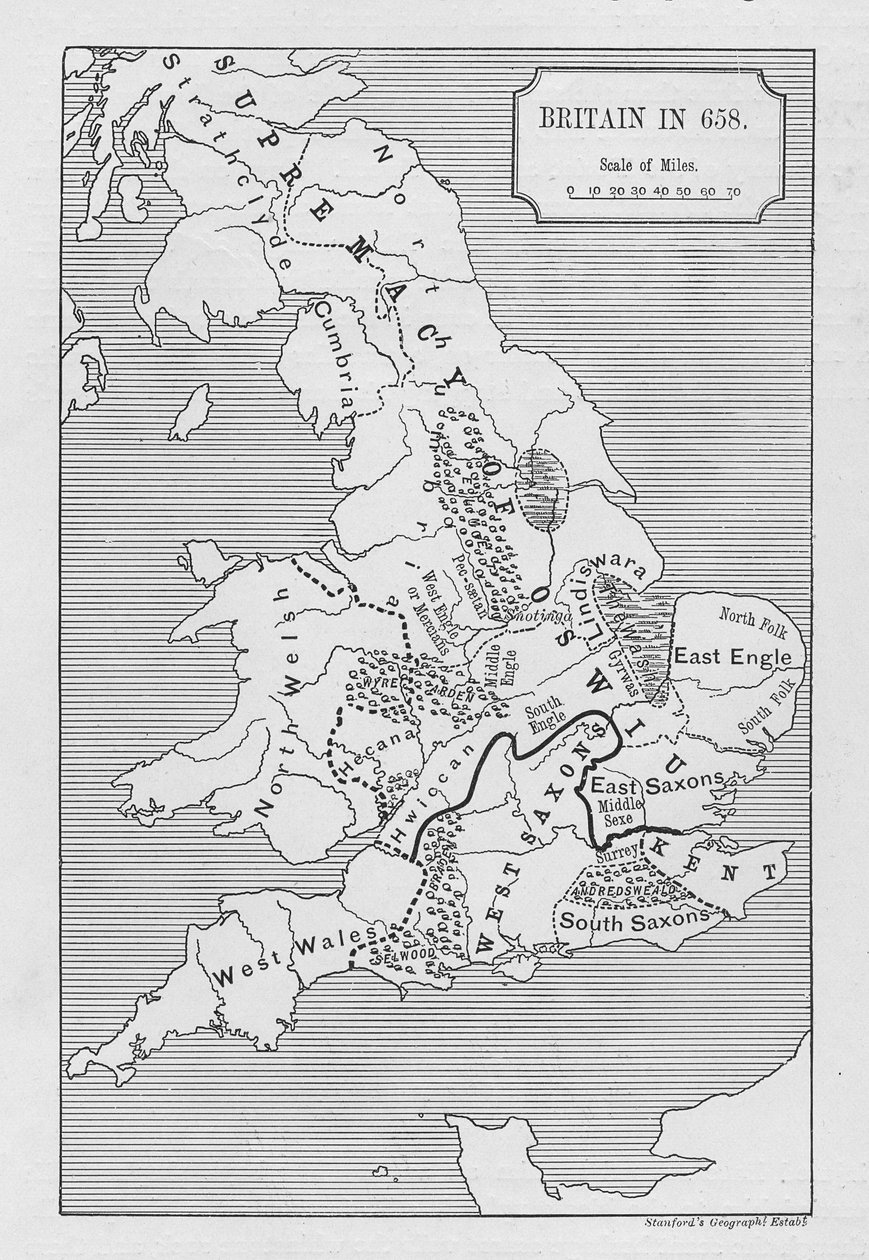 Kaart van Groot-Brittannië in 658, geproduceerd door Stanford
