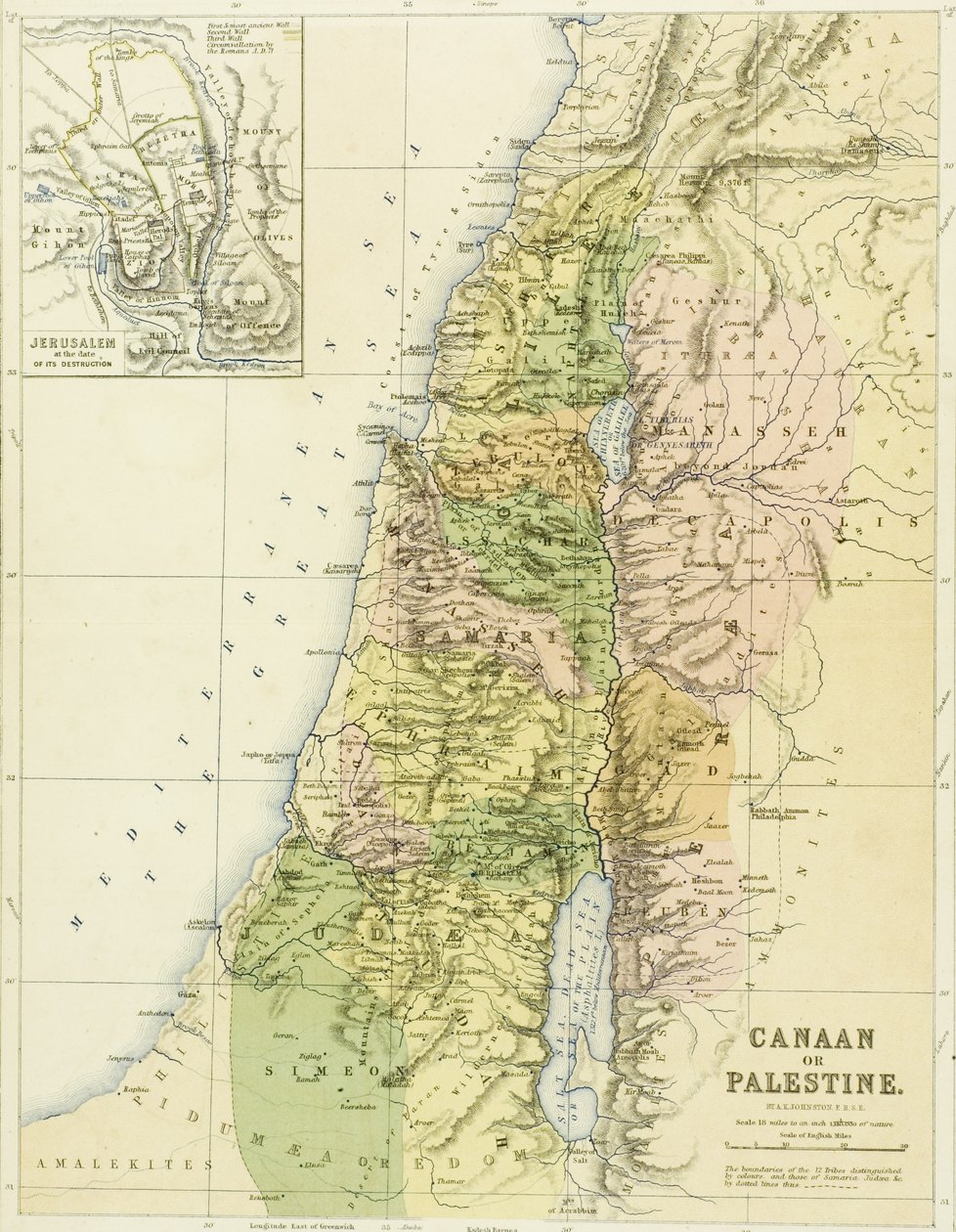 Kaart van Kanaän, of Palestina, uitgegeven door A.K Johnstone door English School
