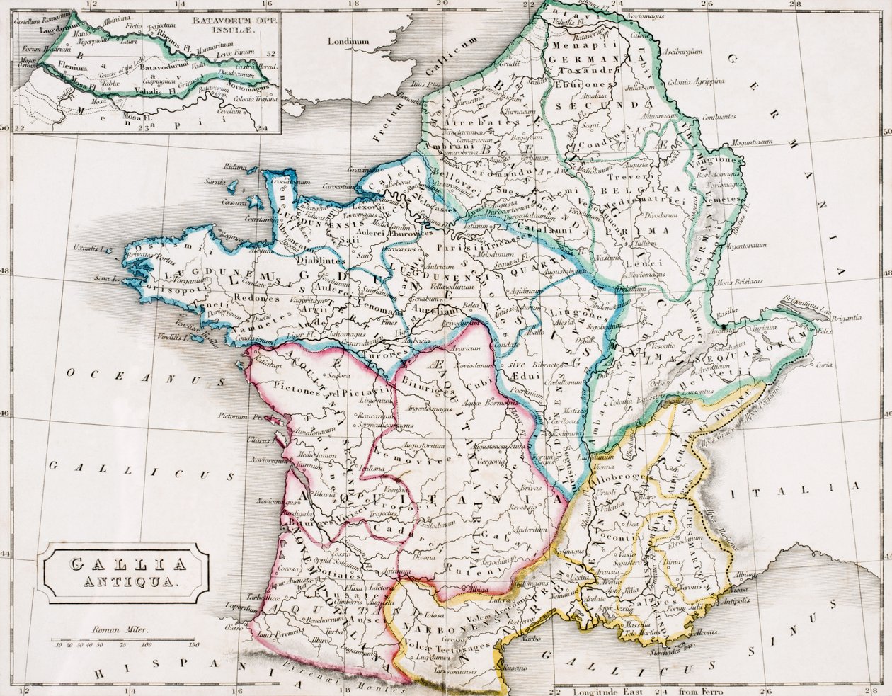 Kaart van Frankrijk, Gallia Antiqua, uit 