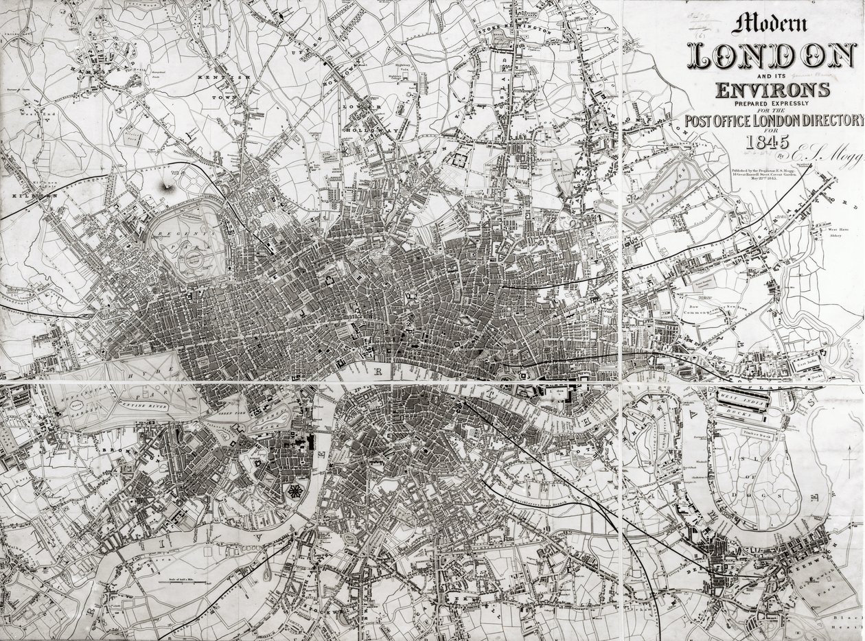 Kaart van Modern Londen en zijn Omgeving, 1845 door English School