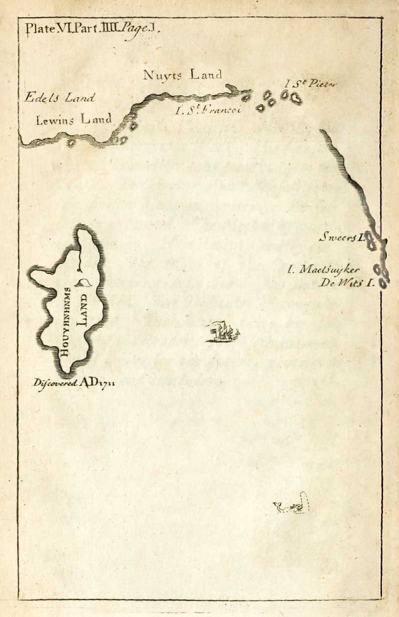 Kaart met de locatie van het land van de Houyhnhnms uit de eerste editie van Reizen naar verschillende afgelegen landen van de wereld, beter bekend als Gullivers Reizen door Jonathan Swift door English School