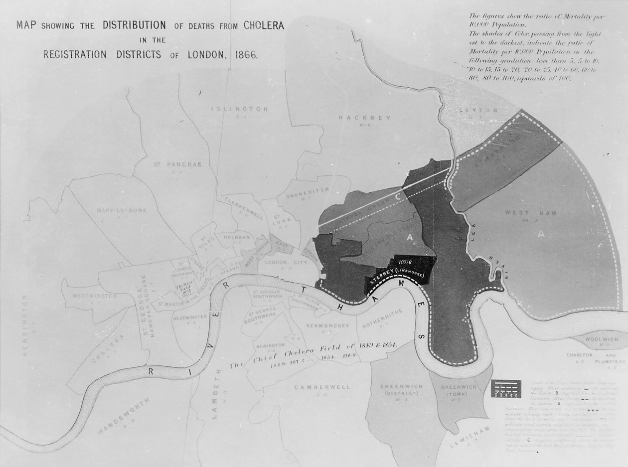 Kaart met de verdeling van sterfgevallen door cholera in de registratiegebieden van Londen, 1866 door English School